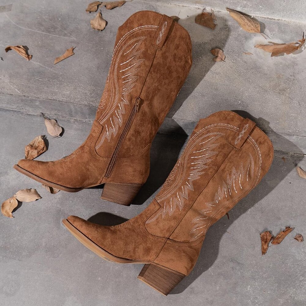 ⚡Women's Brown Solid Color Suede Embroidered Side Zipper High Heeled Boots - Picture 6 of 7